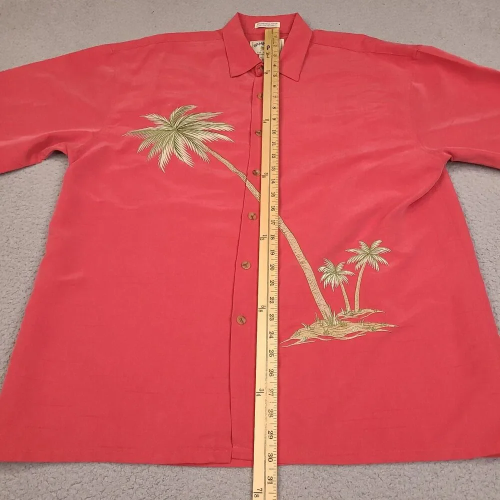 Bamboo Cay Fine Resort-Wear Leaning Palm‎ Tree Mens Large Red Salmon Embroidered